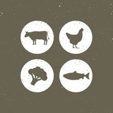 Flavor icons showing pig, chicken, tree, and fish silhouettes