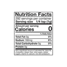 Nutrition facts panel: serving size 1/4 tsp, 0 calories, 180mg sodium