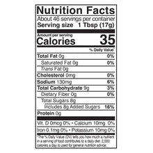 Nutrition Facts label for Sticky Honey BBQ wing sauce, 35 calories per serving