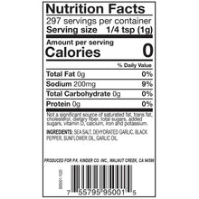 Kinder's The Blend seasoning salt nutrition label panel with ingredients and serving size