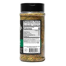 Garlic & herb seasoning bottle back label with Nutrition Facts and ingredient text.