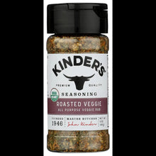 Roasted veggie seasoning jar with black lid and multicolored spice label