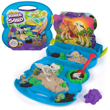 Sand dig playset with blue tray, dinosaur molds, and colorful kinetic sand