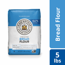 Unbleached bread flour bag, 5 lb, blue and white packaging.