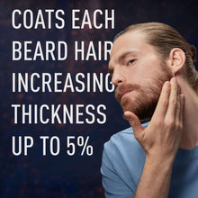Beard thickener product with man applying it to his beard