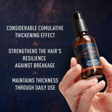Beard thickener bottle held in hand with blue label and black pump
