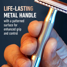 Metal safety razor handle with blue grip pattern and chrome head