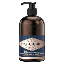 King C. Gillette 3-in-1 beard, face & hair wash bottle with pump, front view