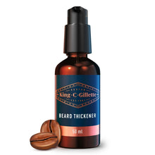 Beard thickener bottle with black pump and blue label, 50 ml