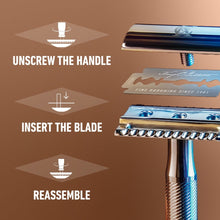 Safety razor parts separated: blade head and handle detached, reassembled