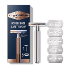 Double edge safety razor set with chrome handle and five refill blades