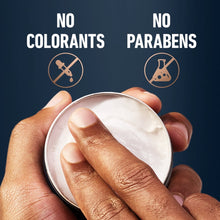 Beard balm tin showing no colorants and no parabens icons over cream