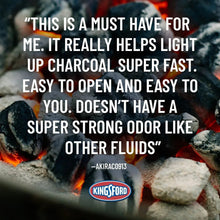 Kingsford odorless charcoal lighter fluid with glowing coals and quote panel