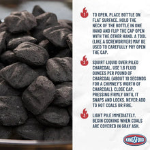 Kingsford odorless charcoal lighter fluid with charcoal pile and instruction steps