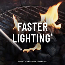 Kingsford odorless charcoal lighter fluid with flames lighting charcoal on grill