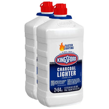 Kingsford odorless charcoal lighter fluid bottles, red caps and blue label