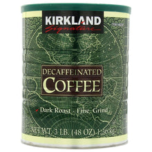 Kirkland Signature decaffeinated coffee can, dark roast, fine grind, 3 lb label