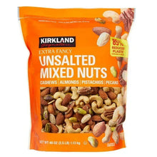 Orange pouch of unsalted mixed nuts: cashews, almonds, pistachios, pecans