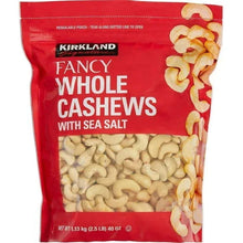Kirkland Signature whole cashews with sea salt in red resealable pouch