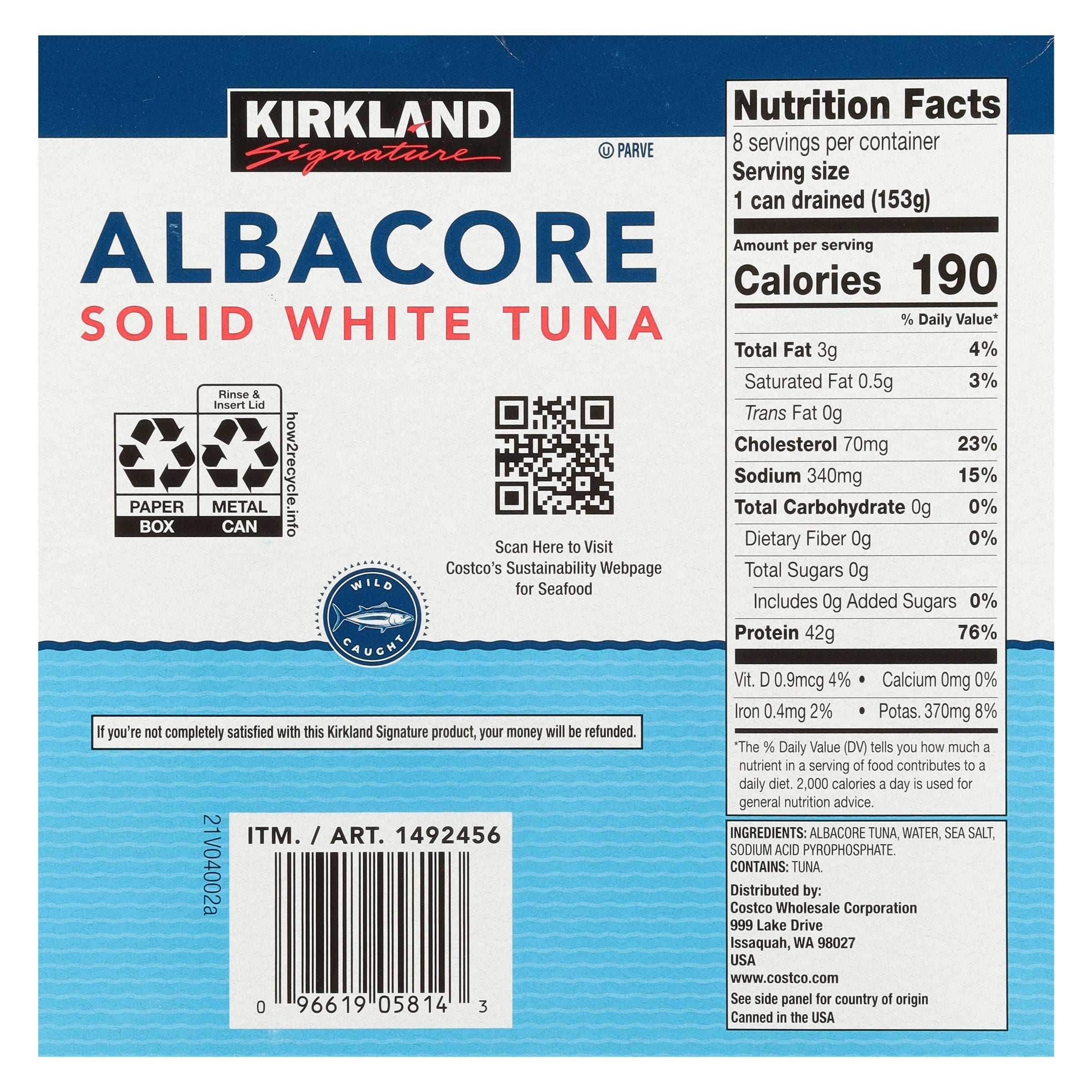 Kirkland Signature, Albacore Solid White Tuna in Water, 7 oz, 8-Count - USA MEGA SHOP