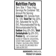 Canola oil nutrition facts label with ingredients panel