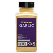 Granulated garlic spice jar with black cap and purple back label, golden granules