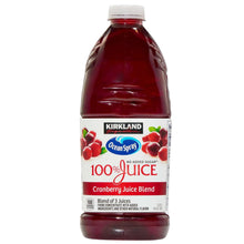 Cranberry juice blend bottle with red liquid, 100% juice and no added sugar label