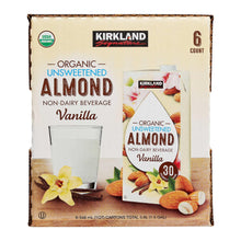 Kirkland organic unsweetened almond beverage vanilla 6-count carton front