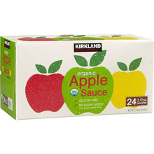 Organic apple sauce carton front with apple, leaf, and 24-pouch label