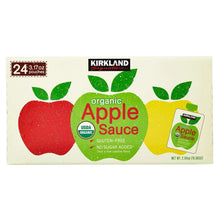 Organic apple sauce carton with 24 pouches and apple-and-leaf graphics