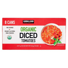 Organic diced tomatoes 8-can pack box, red and white with diced tomato illustration