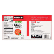 Organic diced tomatoes back-of-pack box panel with nutrition facts and ingredients