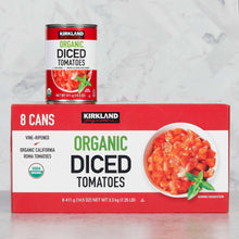 Organic diced tomatoes can and 8-can box set, red lid and diced tomato label