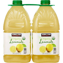 Two organic lemonade bottles with green caps, front labels visible