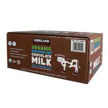 Organic reduced fat chocolate milk carton case, brown with Kirkland logo and cow graphic.