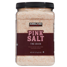 Pink salt jar with fine grain texture, black screw lid, pink salt product label