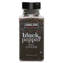 Whole black peppercorn jar with black lid and front label