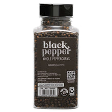 Kirkland Signature whole black peppercorns jar with black lid, back label and ingredients