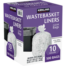 Kirkland Signature clear 10-gallon wastebasket liner bags, 500-count box
