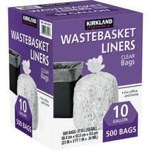 Kirkland Signature clear wastebasket liner bags in purple box packaging