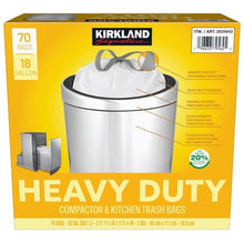 Kirkland Signature 18-gallon heavy-duty trash bag box with product feature callouts