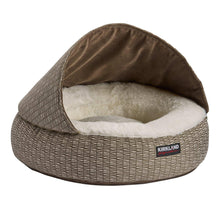 Round hooded pet bed with brown hood, light gray woven base, white cushion, Kirkland logo