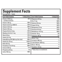 Supplement Facts table for Mature Multi vitamins and minerals, serving size 1 tablet