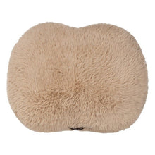 Taupe shaggy pet bed cushion in heart-shaped oval, Kirkland logo patch