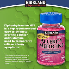 Kirkland Signature Allergy Medicine bottle with blue cap, pink front label