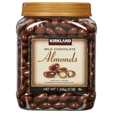Milk chocolate almonds jar with front label and whole almonds visible through plastic
