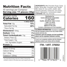 Nutrition Facts panel for milk chocolate almonds with calories and ingredients