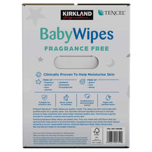 Baby wipes box back panel showing claims and warnings, fragrance-free, TENCEL