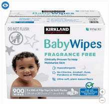 Fragrance-free baby wipes box with KIRKLAND and TENCEL branding, 900-count