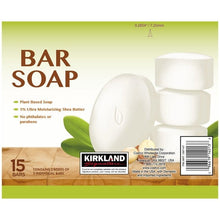 Kirkland Signature bar soap box back with 15 white bars and barcode label